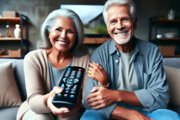 A happy senior couple using a simple, large-button remote to easily watch TV.
