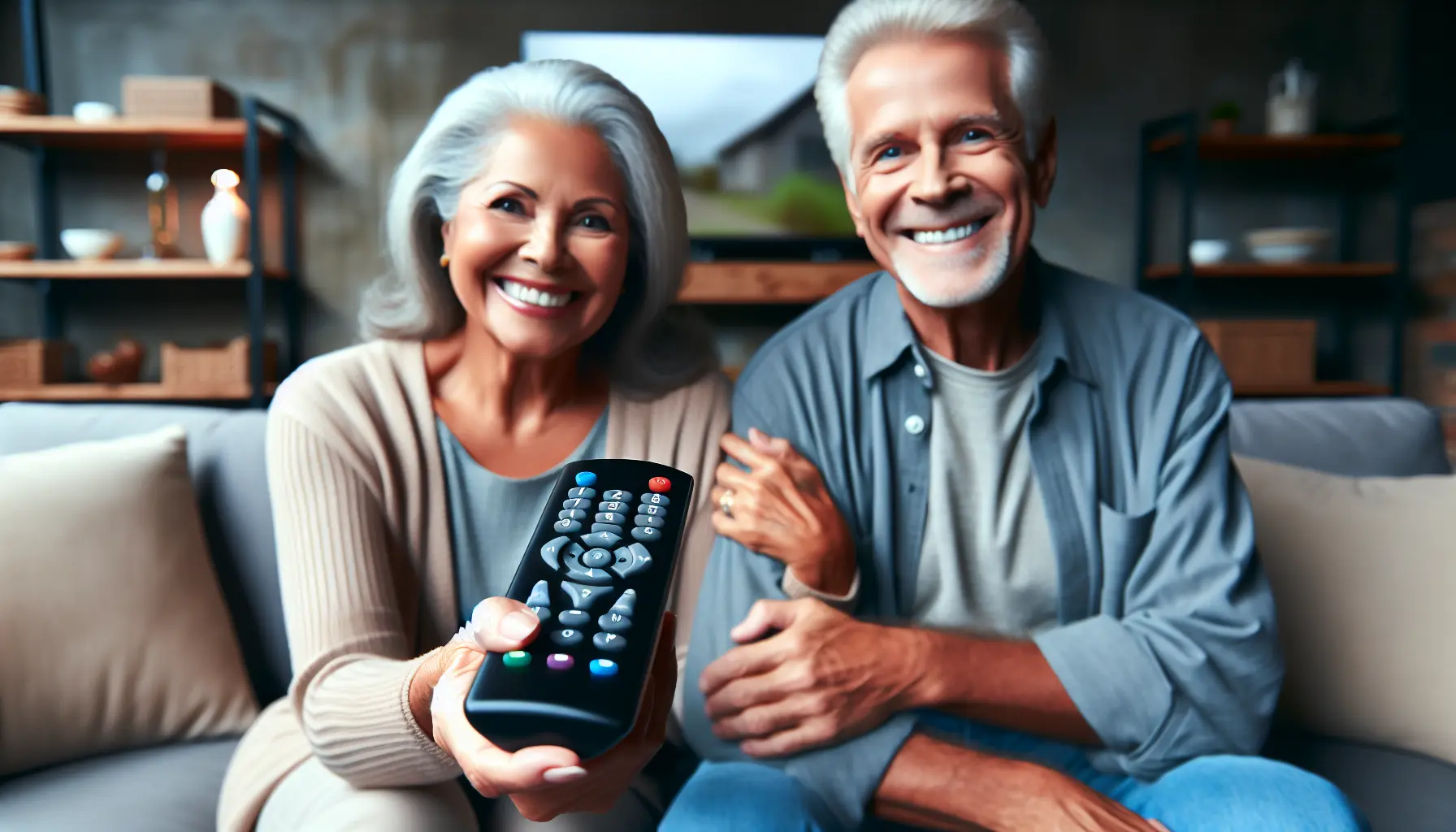 A happy senior couple using a simple, large-button remote to easily watch TV.
