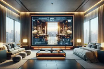 A modern hotel room with a large TV displaying a digital service menu, showcasing professional IPTV for the hospitality industry.