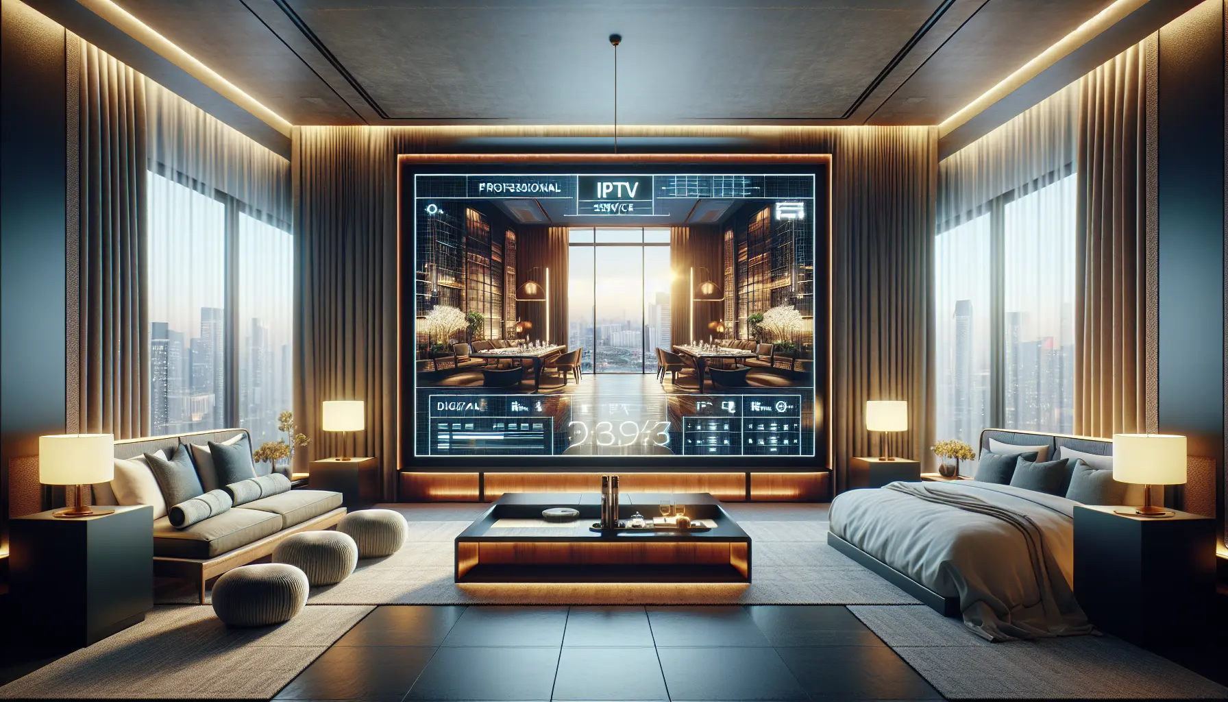 A modern hotel room with a large TV displaying a digital service menu, showcasing professional IPTV for the hospitality industry.