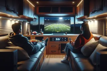 A couple cozily watches a football game on a flatscreen TV inside their modern motorhome at dusk.