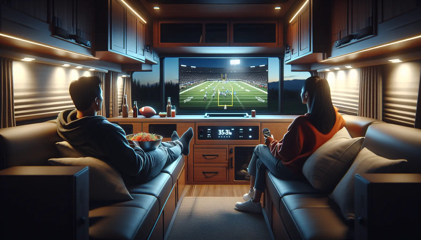 A couple cozily watches a football game on a flatscreen TV inside their modern motorhome at dusk.