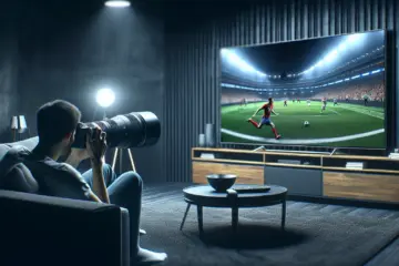 A captivated fan watches a live HD sports broadcast on a large TV in a dark, modern living room.