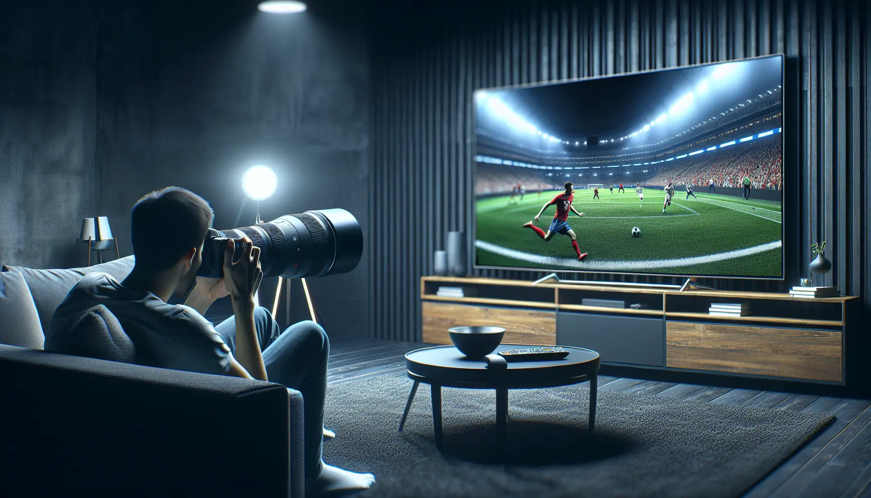 A captivated fan watches a live HD sports broadcast on a large TV in a dark, modern living room.