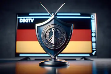A shield protecting a German IPTV screen, symbolizing data privacy under the DSGVO.