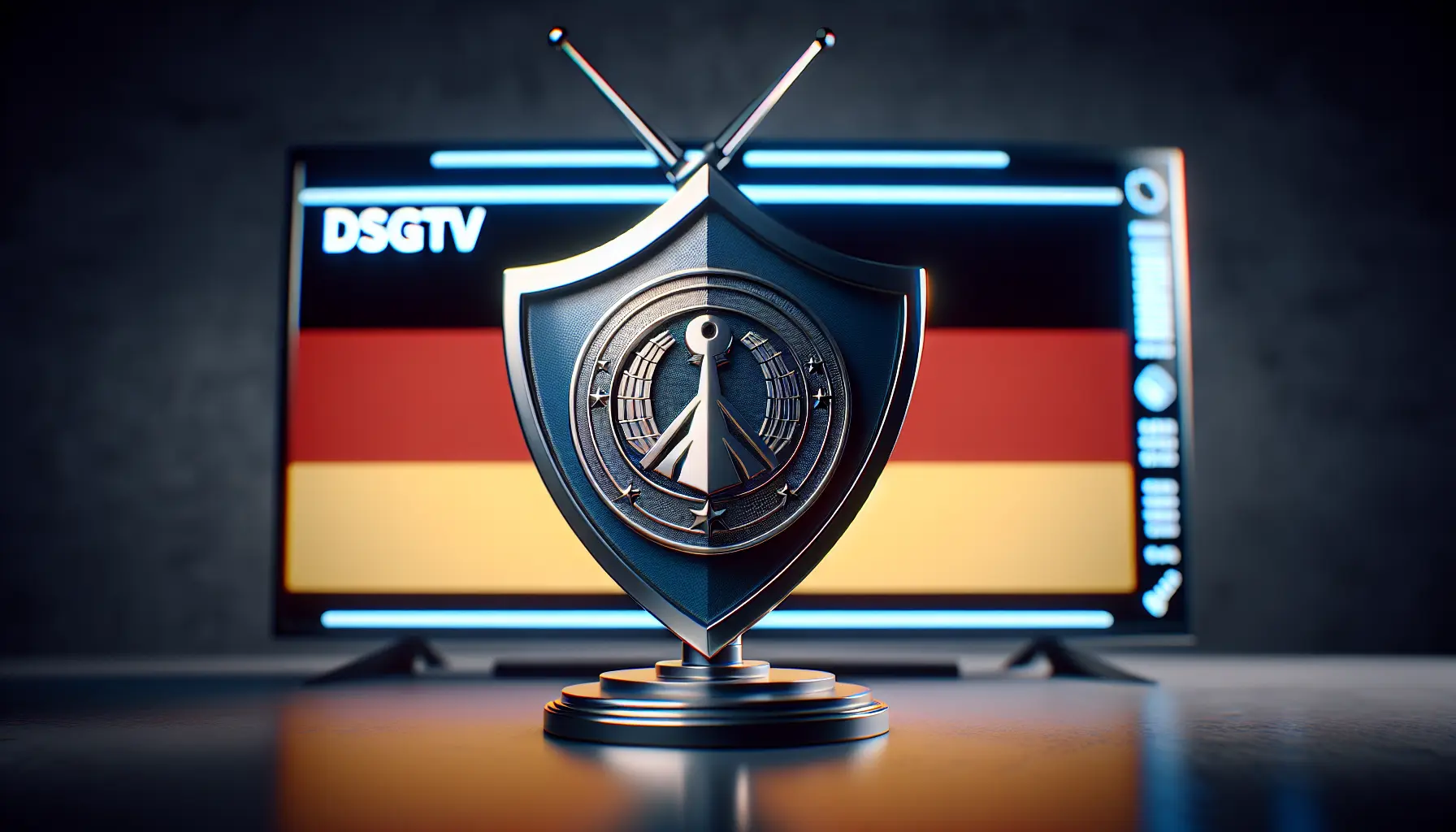 A shield protecting a German IPTV screen, symbolizing data privacy under the DSGVO.