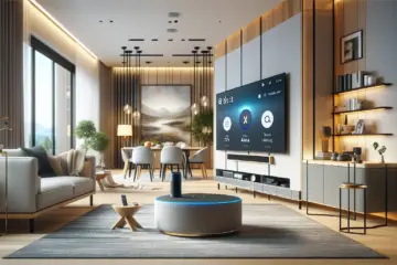 A modern living room showcasing voice-controlled IPTV integration with Alexa and smart home devices.