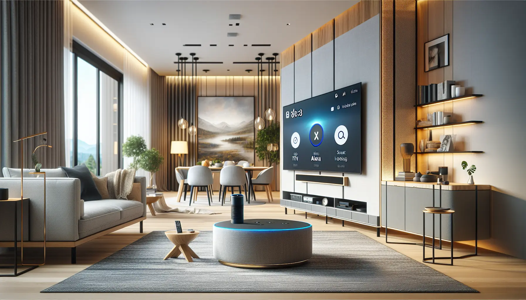 A modern living room showcasing voice-controlled IPTV integration with Alexa and smart home devices.
