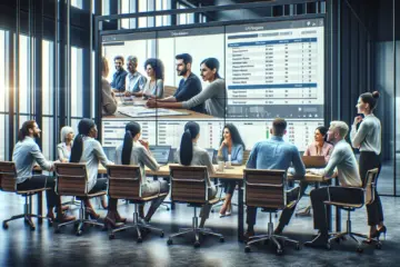 A team collaborates in a modern office using a large wall screen for data and video calls.