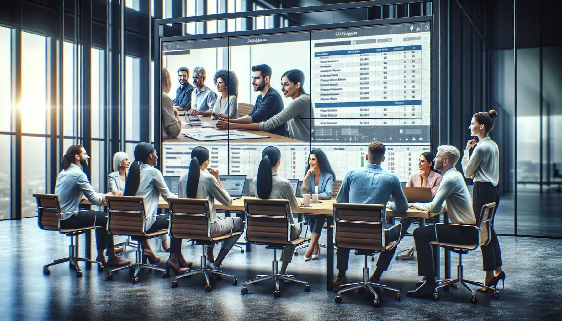 A team collaborates in a modern office using a large wall screen for data and video calls.