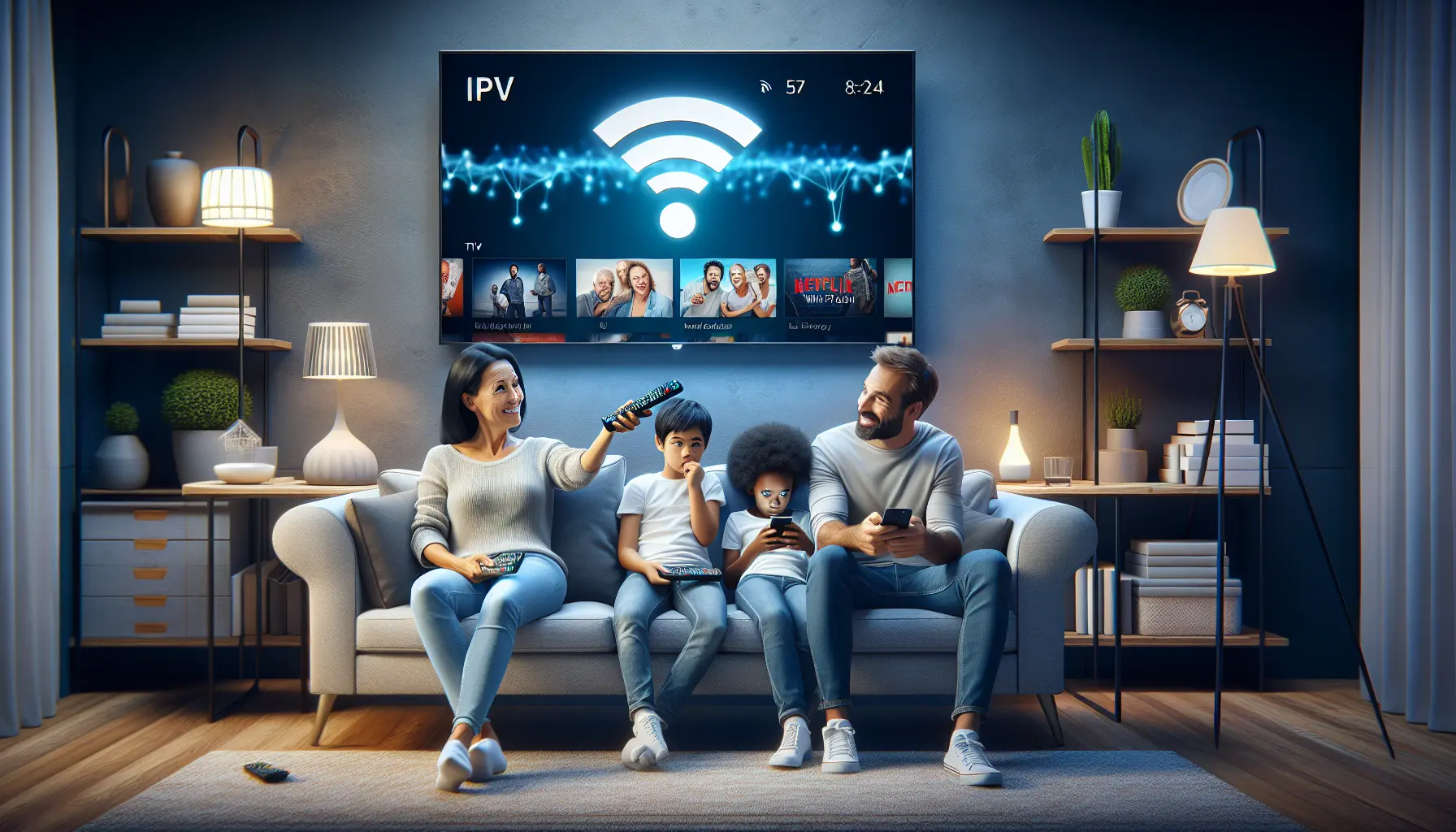 A modern cover showing a smart TV, a family with remote, Wi-Fi icon, explaining IPTV basics.
