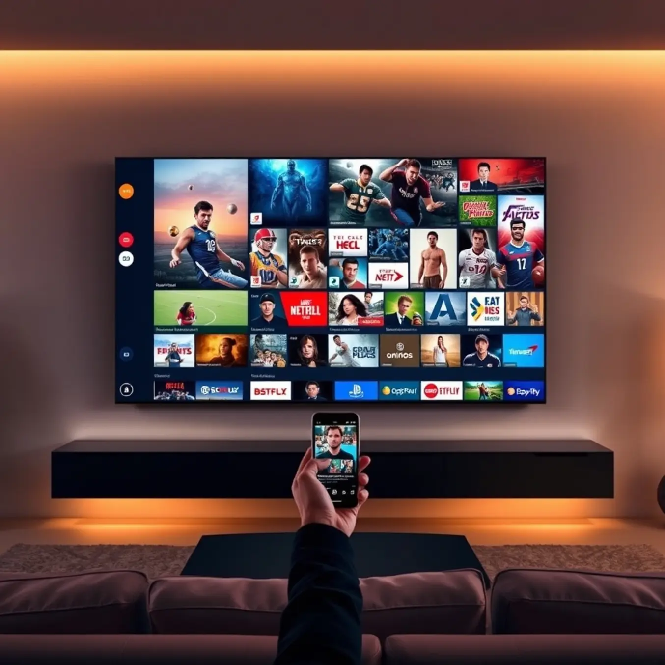A person uses a smartphone to control a vibrant mosaic of on-demand entertainment on a sleek TV in a modern, cozy living room.