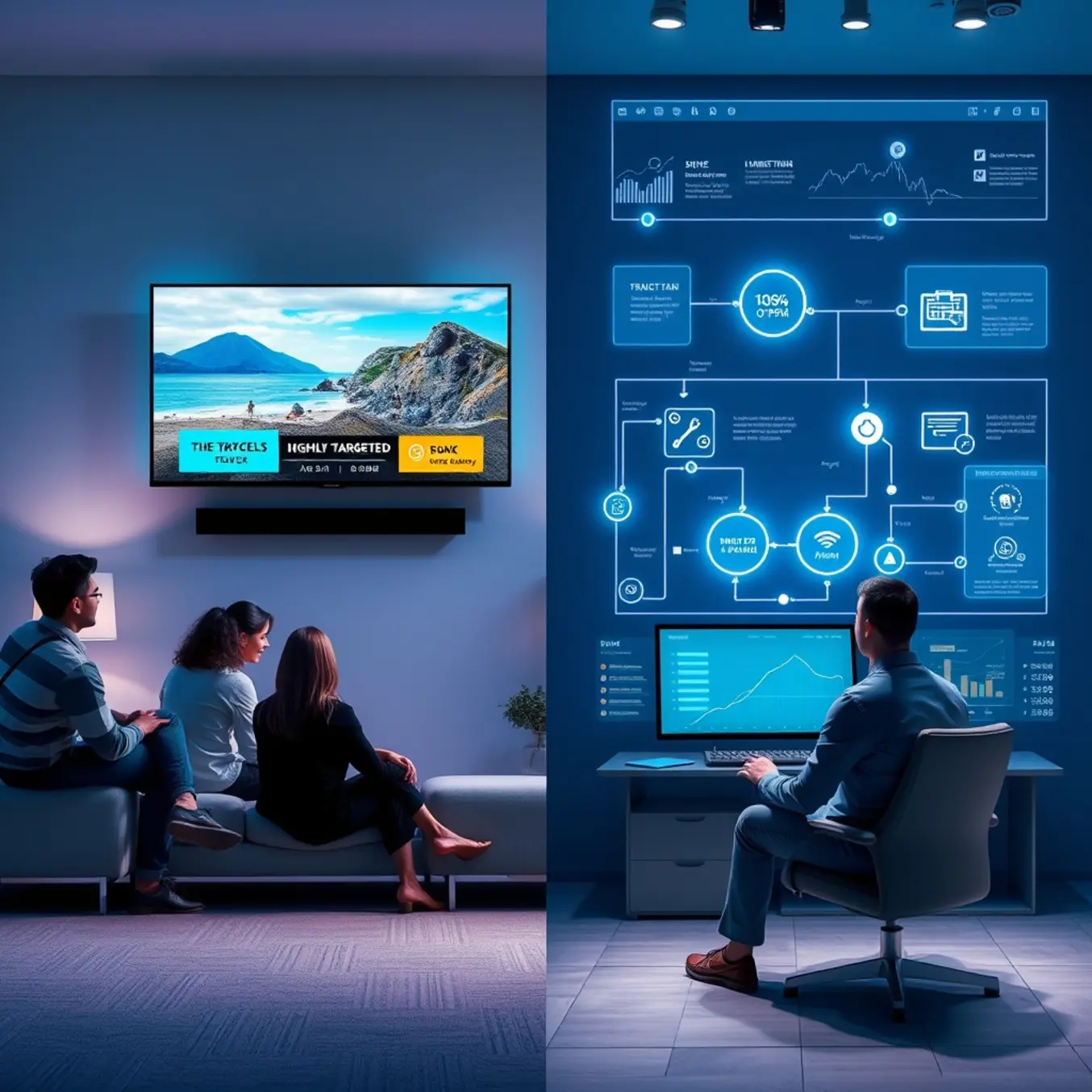 alt_text: A split-screen view connecting a living room watching a targeted interactive travel ad with a data analyst monitoring real-time engagement metrics.