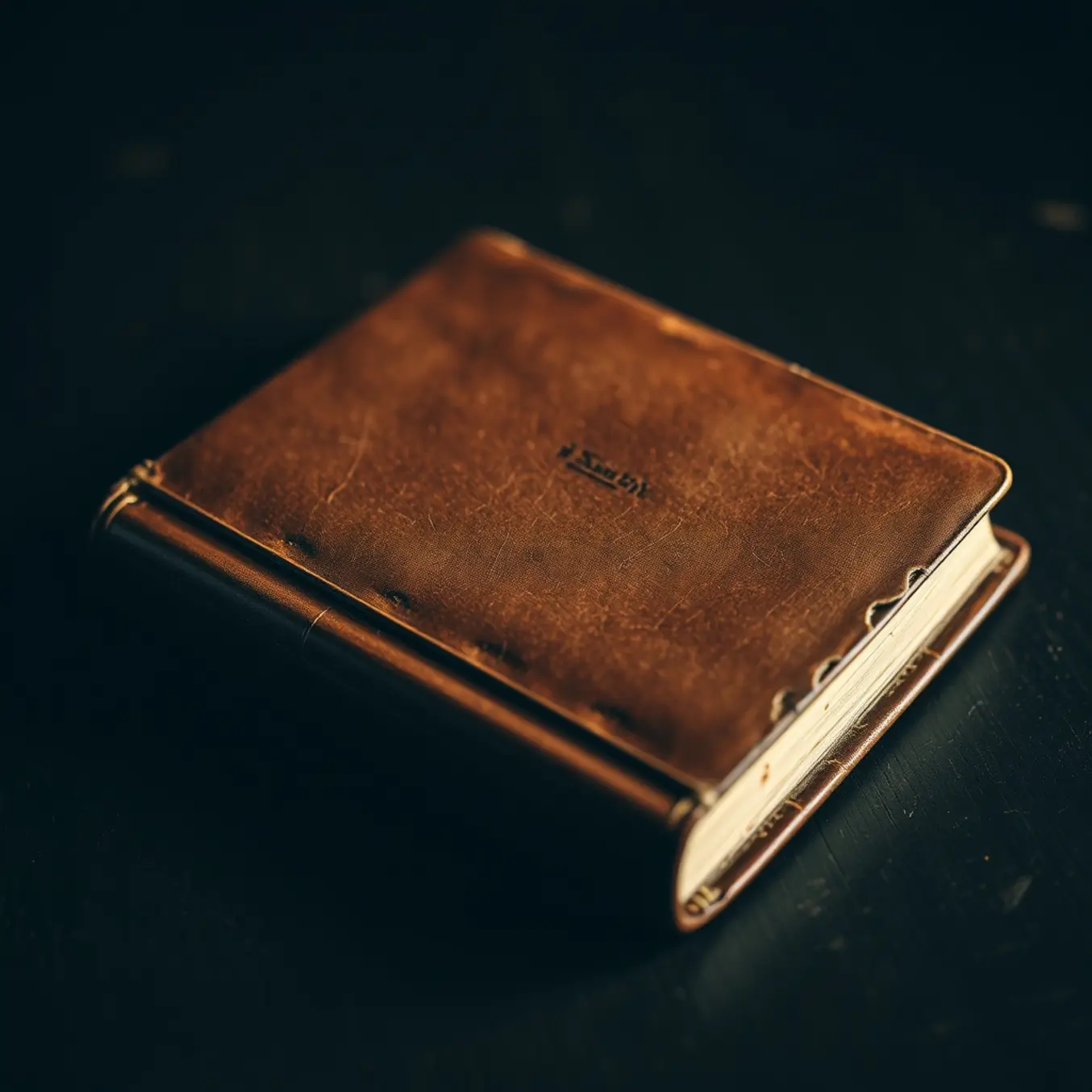 alt_text: A close-up, weathered brown leather book cover rests on dark wood, highlighted by soft, dramatic side lighting.
