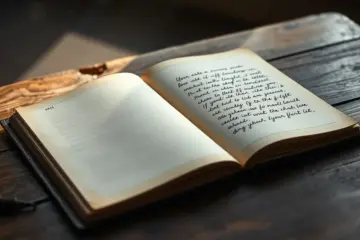 An open, weathered journal awaits its story, a handwritten letter just begun in the soft morning light.