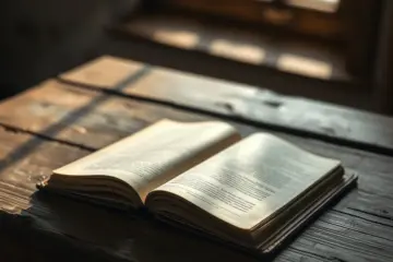 alt_text: An open, weathered leather book lies on a rustic wooden table, bathed in soft morning light, evoking quiet history.
