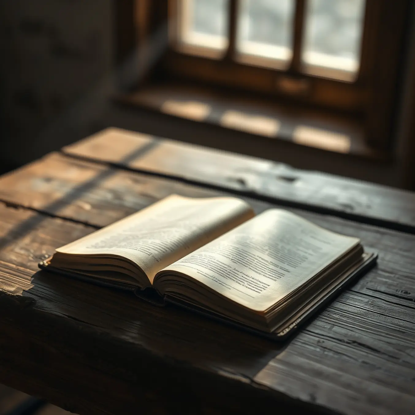alt_text: An open, weathered leather book lies on a rustic wooden table, bathed in soft morning light, evoking quiet history.