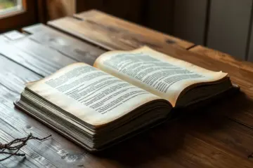 alt_text: An open, weathered leather book on a rustic wooden table, bathed in soft, warm light from a nearby window.