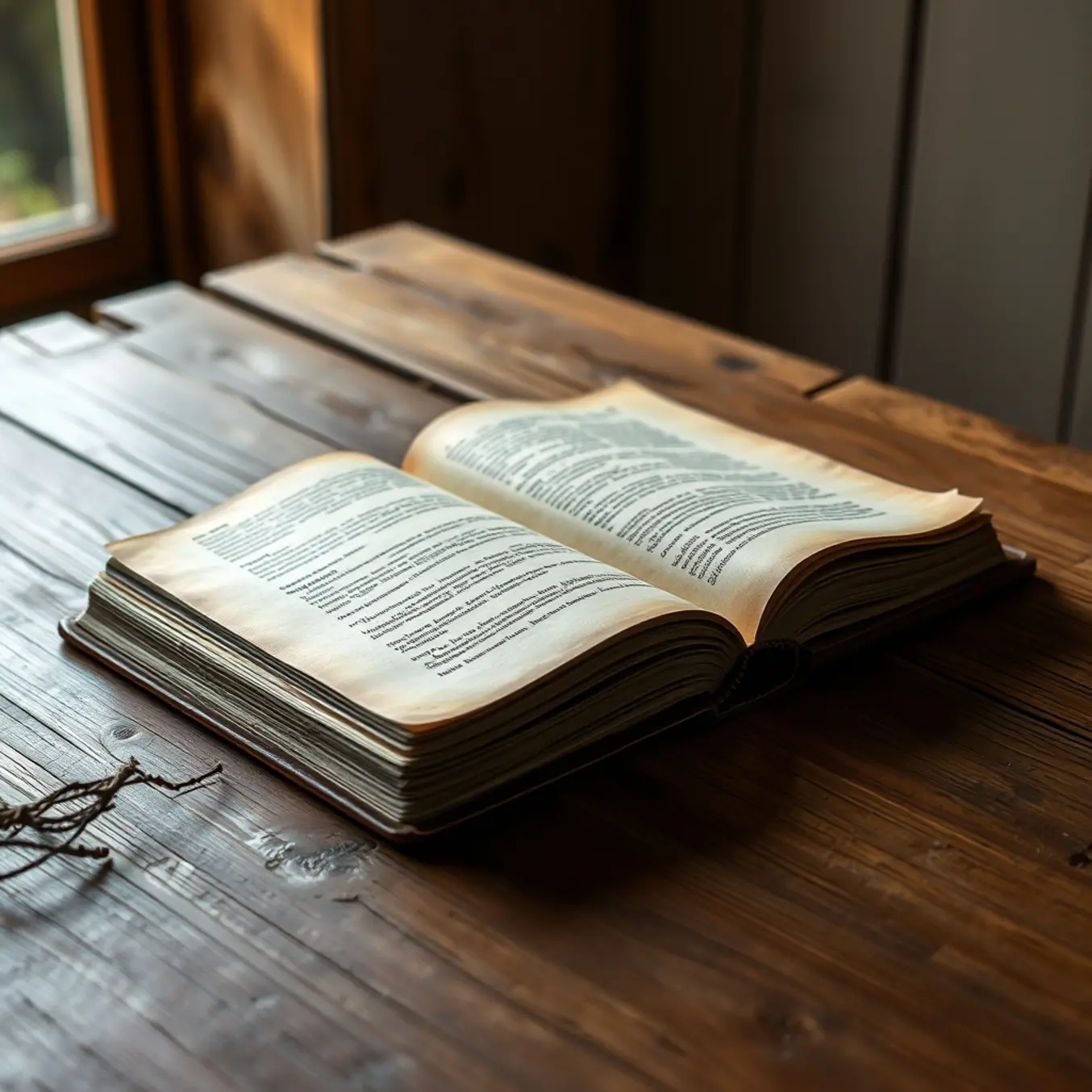 alt_text: An open, weathered leather book on a rustic wooden table, bathed in soft, warm light from a nearby window.