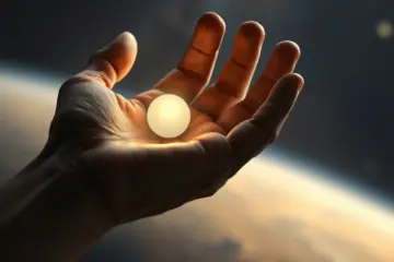 A weathered hand gently cradles a small, glowing orb of light against a cosmic, star-filled backdrop.