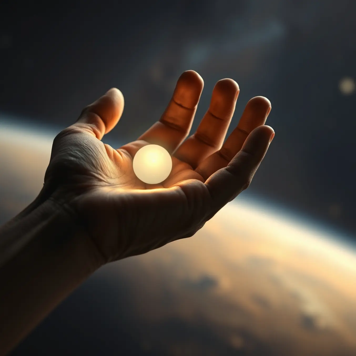 A weathered hand gently cradles a small, glowing orb of light against a cosmic, star-filled backdrop.