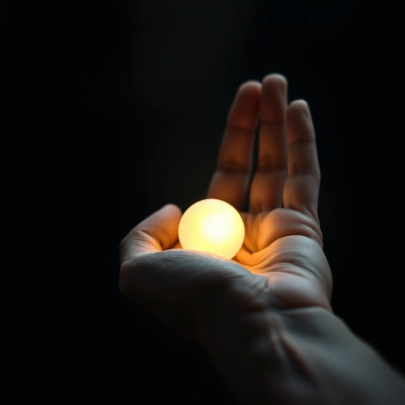 A weathered hand gently cradles a small, glowing orb of warm light against a dark, blurred background.