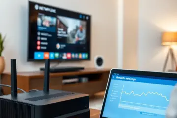 A modern home entertainment setup with a technician optimizing network settings for buffer-free streaming.