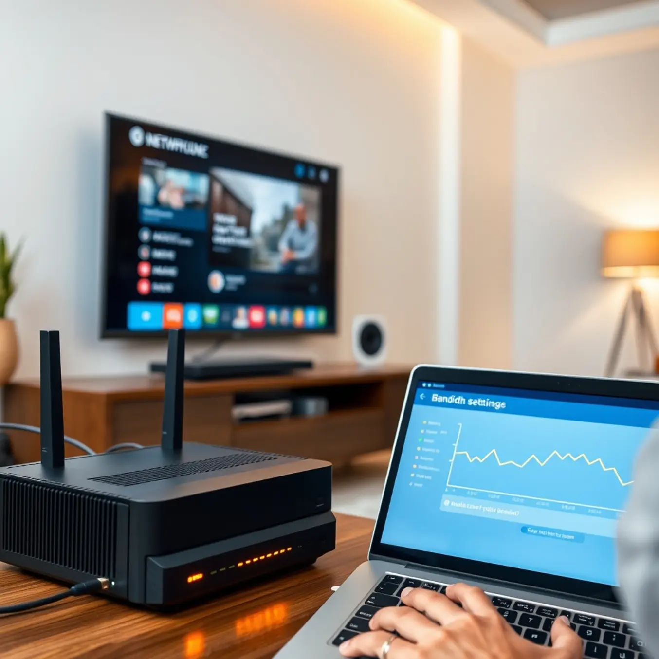 A modern home entertainment setup with a technician optimizing network settings for buffer-free streaming.