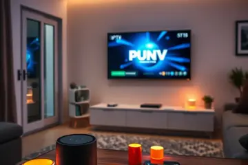 alt_text: Ein modernes, smartes Wohnzimmer bei Nacht, gesteuert per App, mit fernsehendem Fernseher und warmer, gemütlicher Beleuchtung.