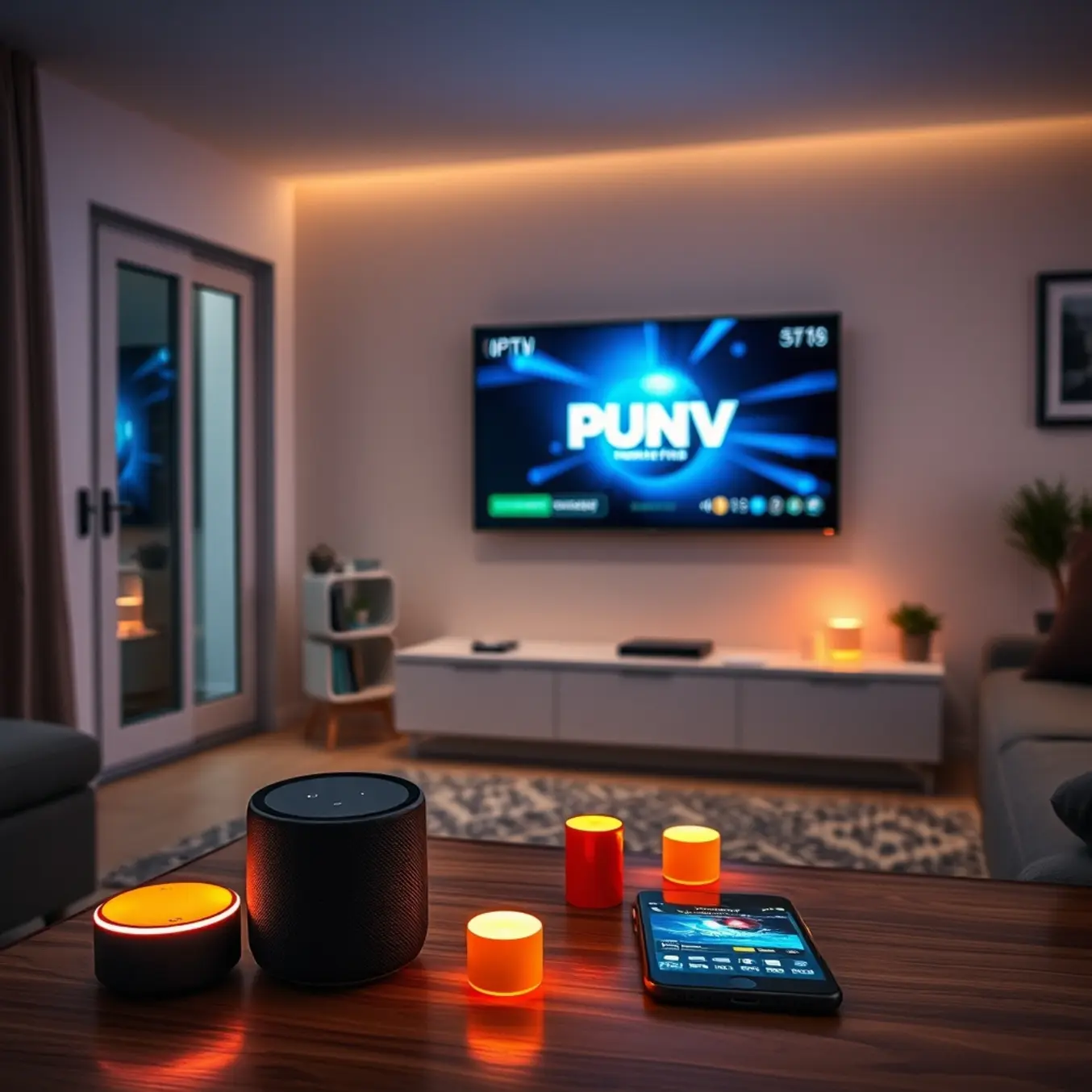 alt_text: Ein modernes, smartes Wohnzimmer bei Nacht, gesteuert per App, mit fernsehendem Fernseher und warmer, gemütlicher Beleuchtung.