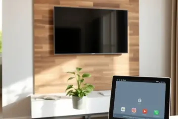 alt_text A minimalist, eco-conscious living room with a reclaimed wood wall, a healthy plant, and a tablet for efficient IPTV streaming.