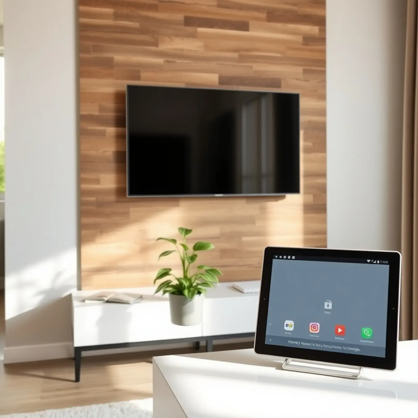 alt_text A minimalist, eco-conscious living room with a reclaimed wood wall, a healthy plant, and a tablet for efficient IPTV streaming.