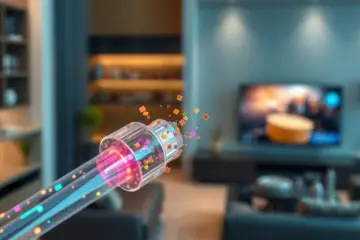 A glass fiber cable with data packets flowing inside, some impeded by shadowy barriers, in a modern living room.