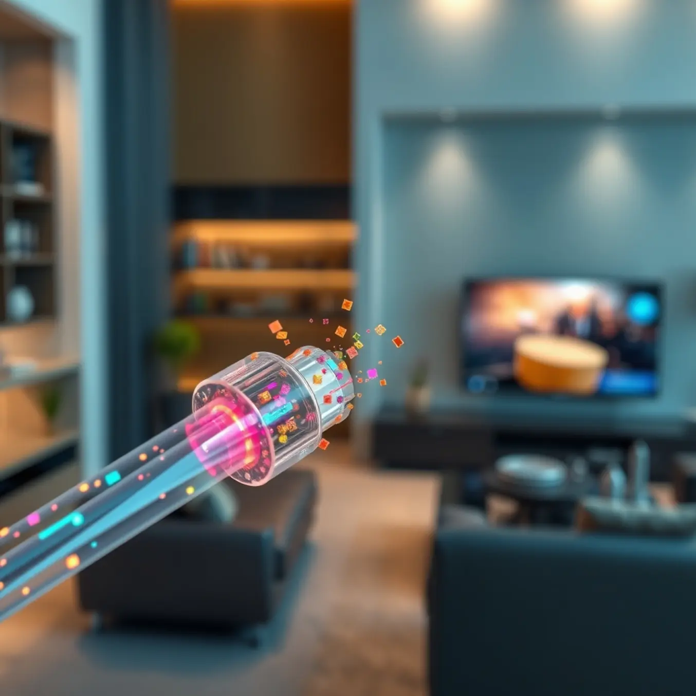 A glass fiber cable with data packets flowing inside, some impeded by shadowy barriers, in a modern living room.