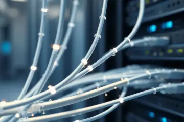 alt_text: A close-up of glowing blue fiber optic cables and hardware, with shimmering light streams representing fast, stable data transfer.