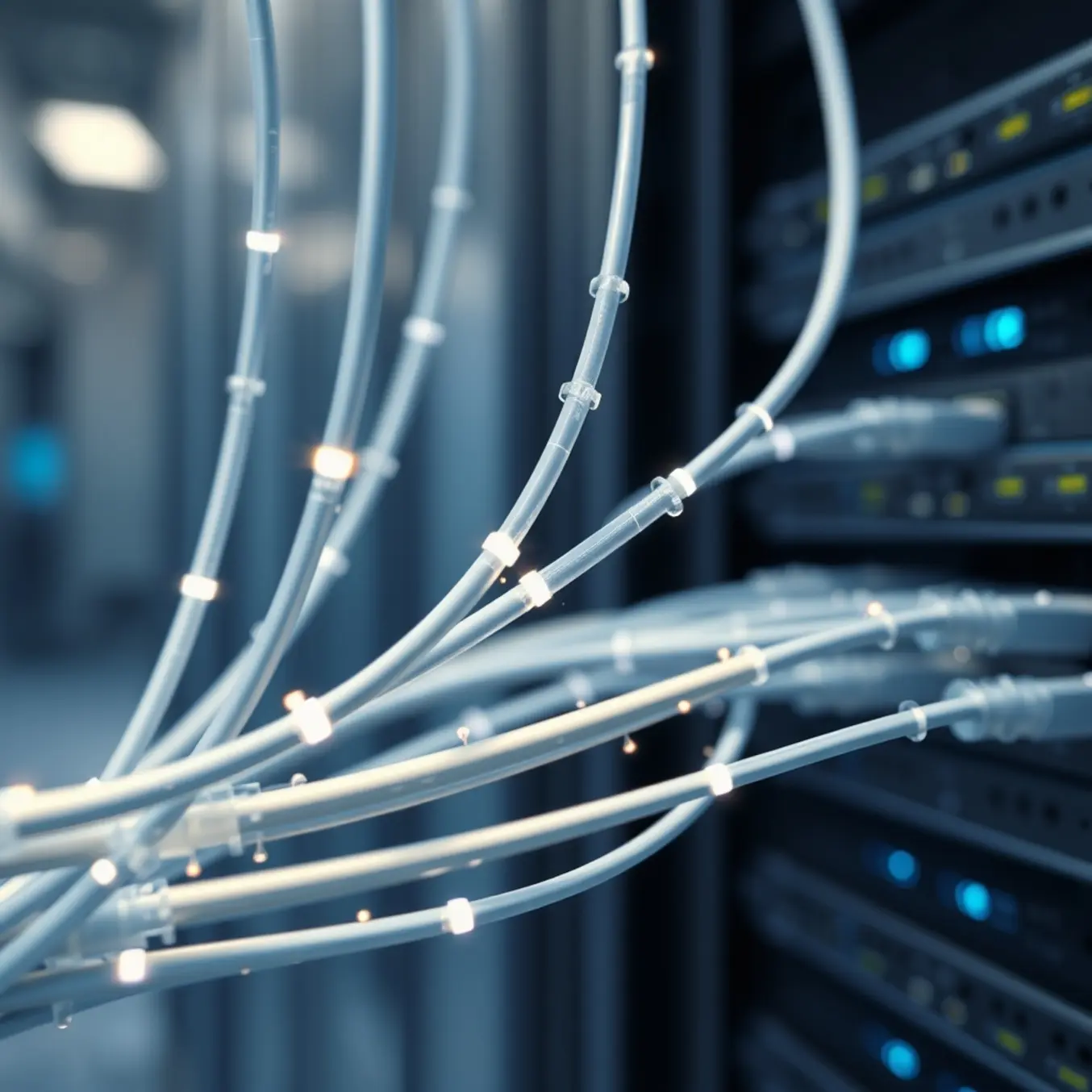 alt_text: A close-up of glowing blue fiber optic cables and hardware, with shimmering light streams representing fast, stable data transfer.