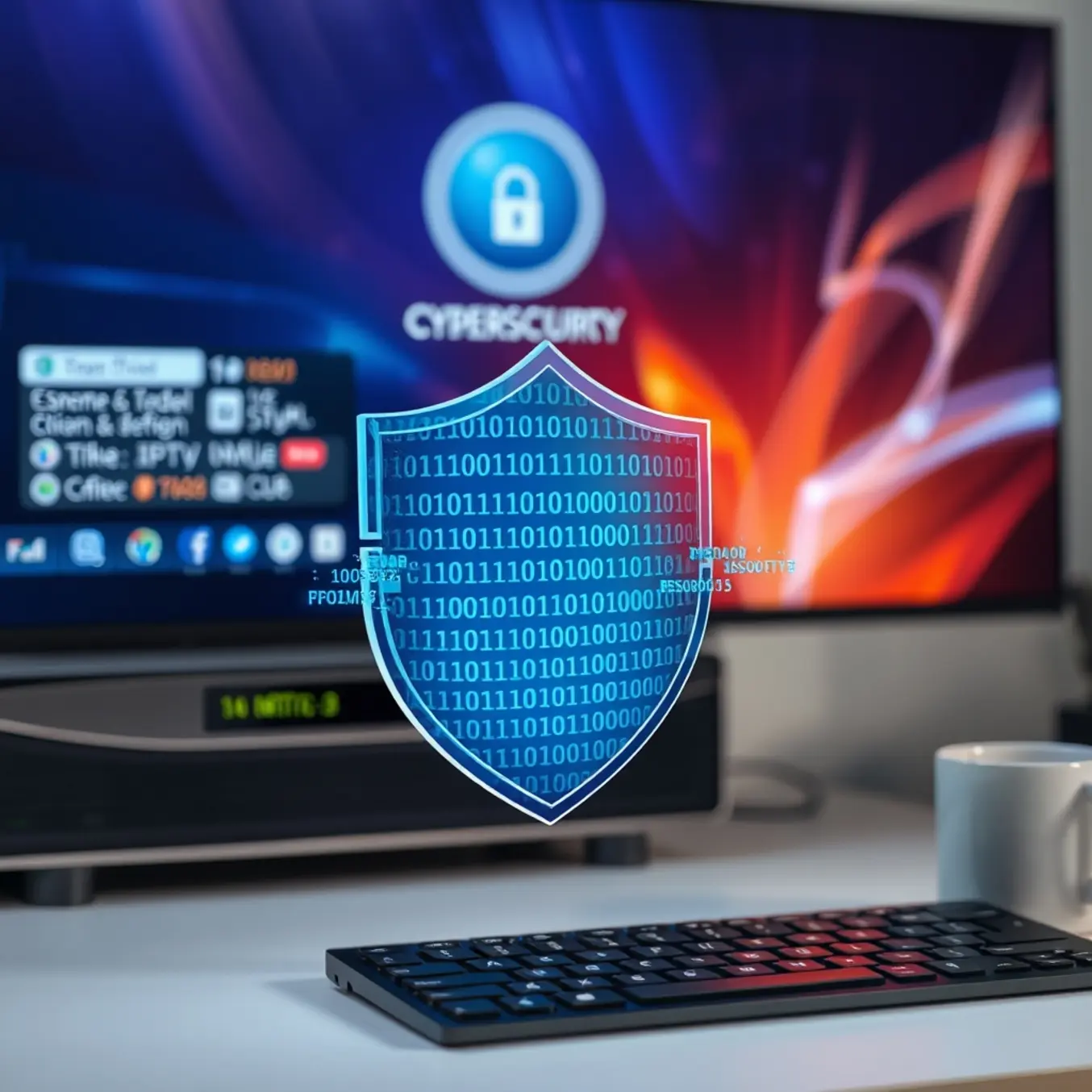 alt_text: A modern cybersecurity scene with a binary-code shield protecting a blurred media server, symbolizing secure, everyday tech use.