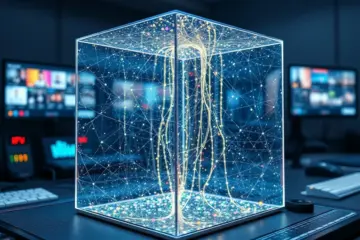 A glowing stream of media data flows inside a translucent blockchain cube on a high-tech workstation.