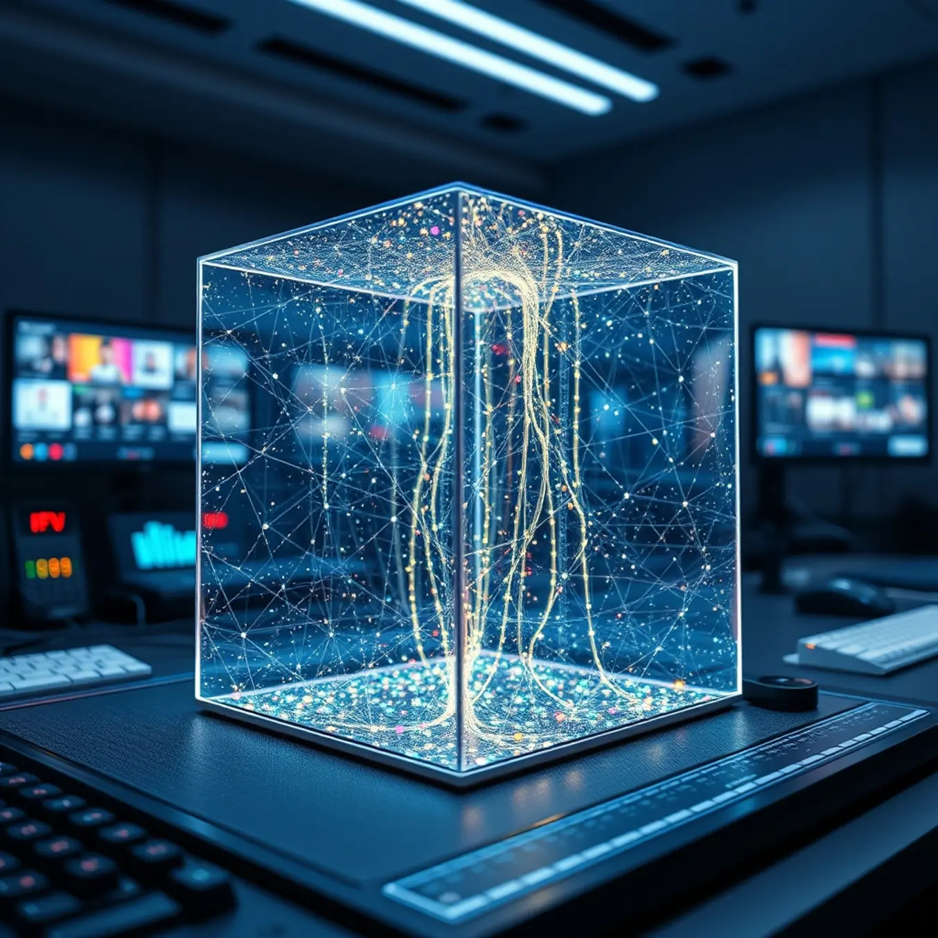 A glowing stream of media data flows inside a translucent blockchain cube on a high-tech workstation.