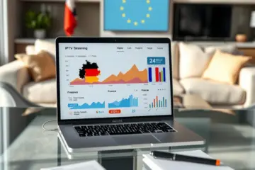 alt_text: A photorealistic infographic on a modern desk shows IPTV analytics for Germany, France, and the UK in a bright European living room.