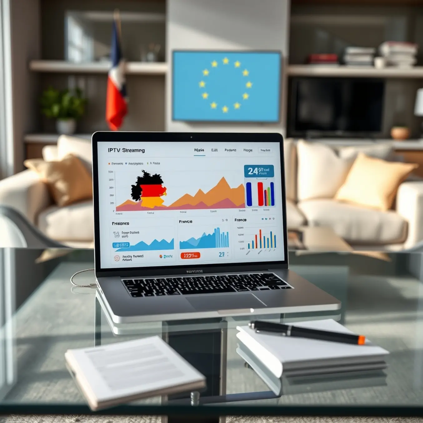 alt_text: A photorealistic infographic on a modern desk shows IPTV analytics for Germany, France, and the UK in a bright European living room.