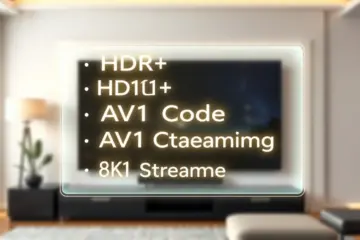 A modern UI showing a glowing German tech glossary for high-end home theater features.