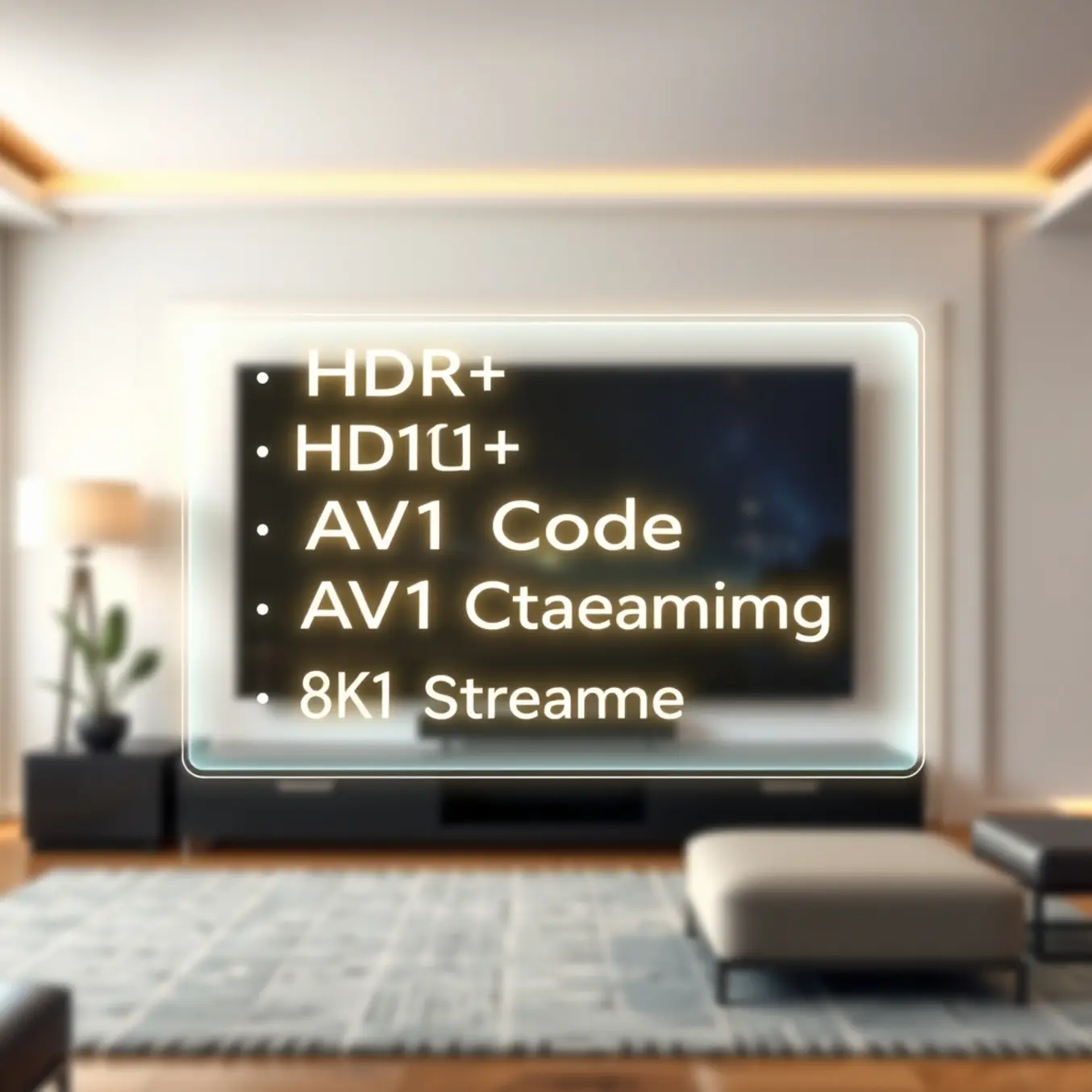 A modern UI showing a glowing German tech glossary for high-end home theater features.