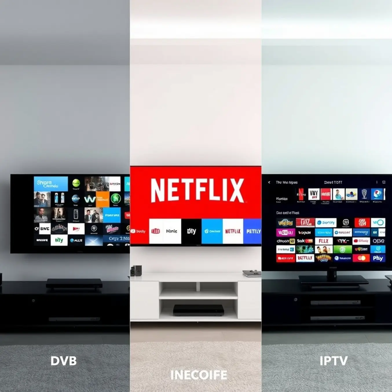 A split-screen comparing three TV content delivery methods: DVB, OTT, and IPTV.