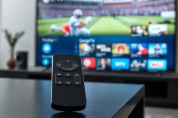 A modern Google TV remote on a dark stand, with a live sports game playing on the large TV screen in the background.