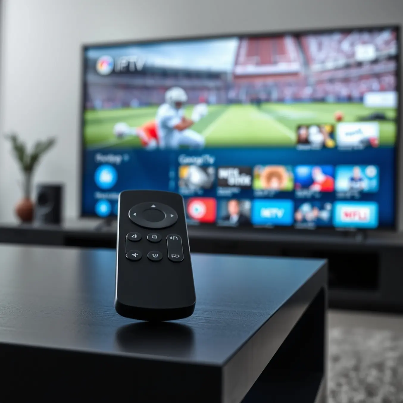 A modern Google TV remote on a dark stand, with a live sports game playing on the large TV screen in the background.