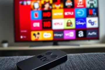 alt_text: A sleek Apple TV remote on a dark surface, with a vibrant 4K TV displaying streaming app icons in the soft-focus background.
