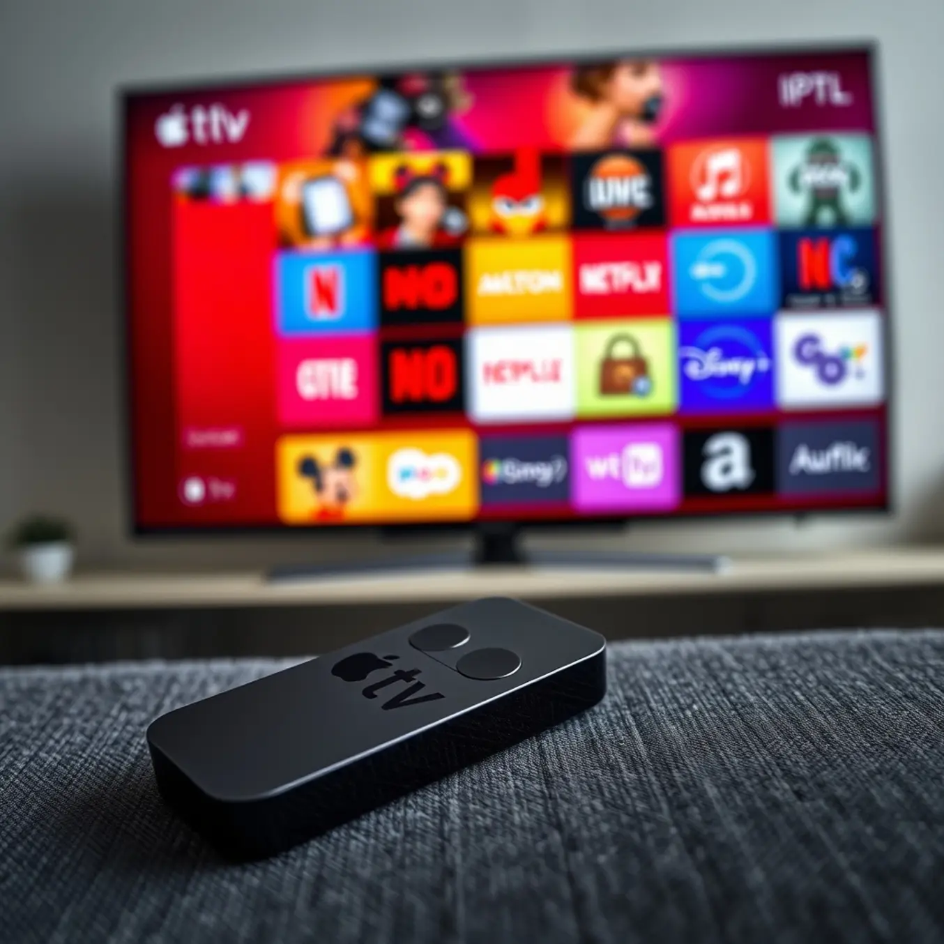 alt_text: A sleek Apple TV remote on a dark surface, with a vibrant 4K TV displaying streaming app icons in the soft-focus background.