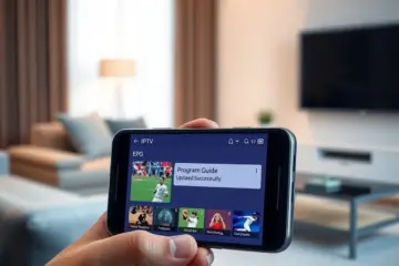 A smartphone displaying a clean IPTV app with a live sports TV guide in a modern living room.