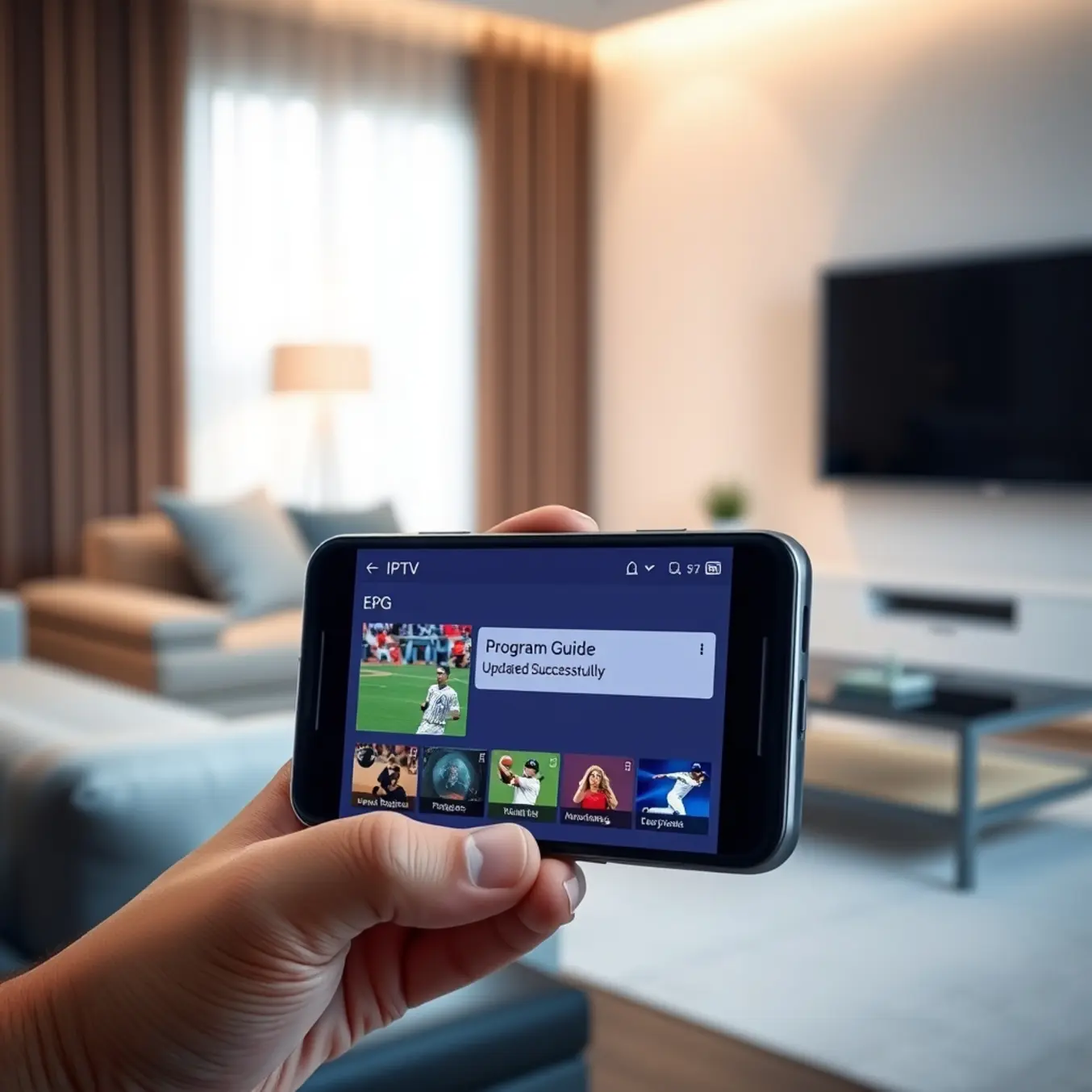 A smartphone displaying a clean IPTV app with a live sports TV guide in a modern living room.